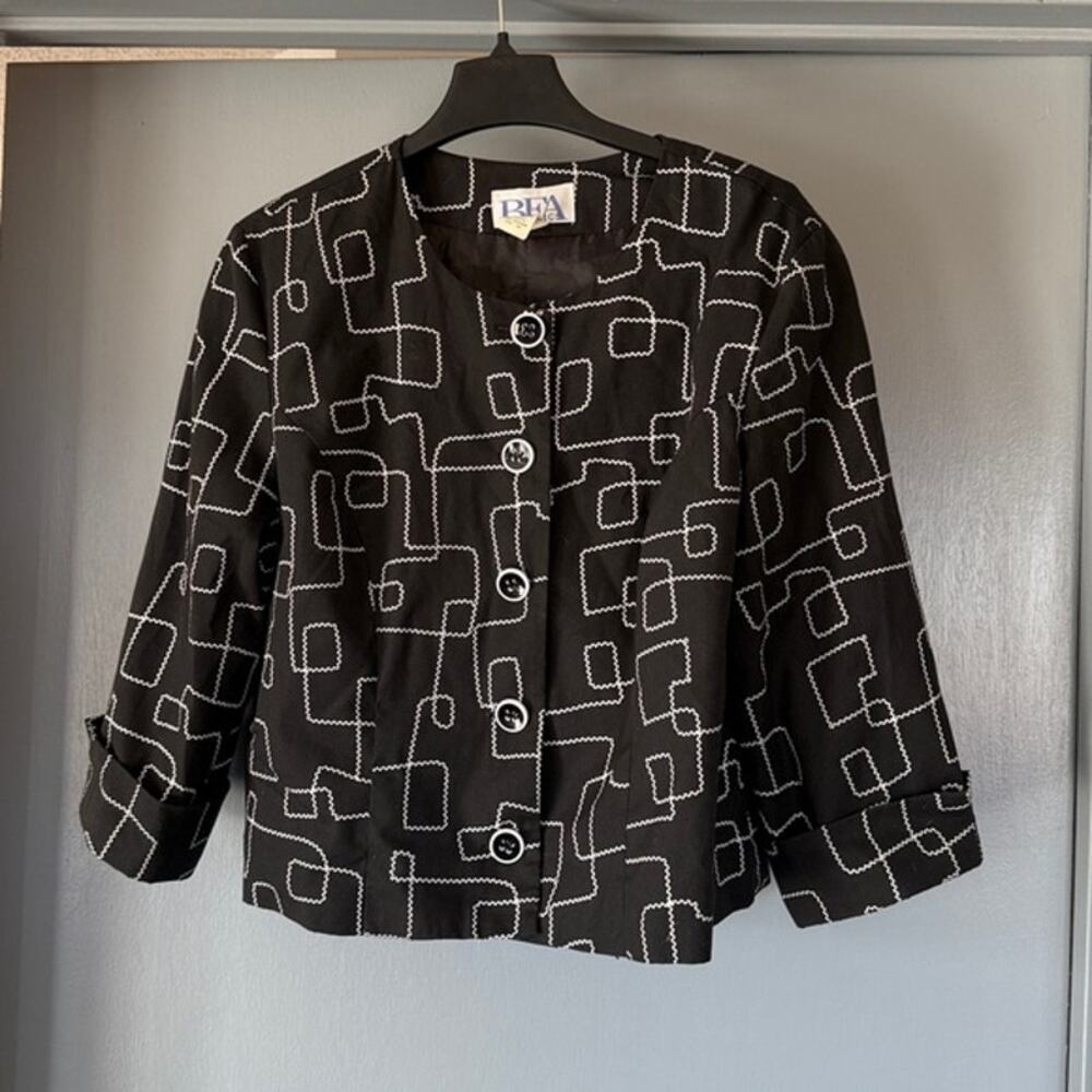Vtg BFA Classics Button Front Geometric Black White Jacket 3/4 Sleeves sz 20P
